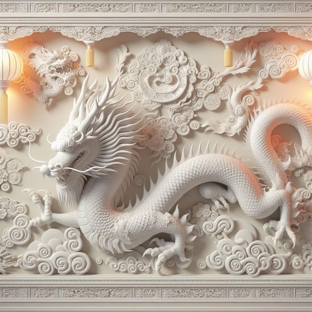 3D animation of a white dragon on wall