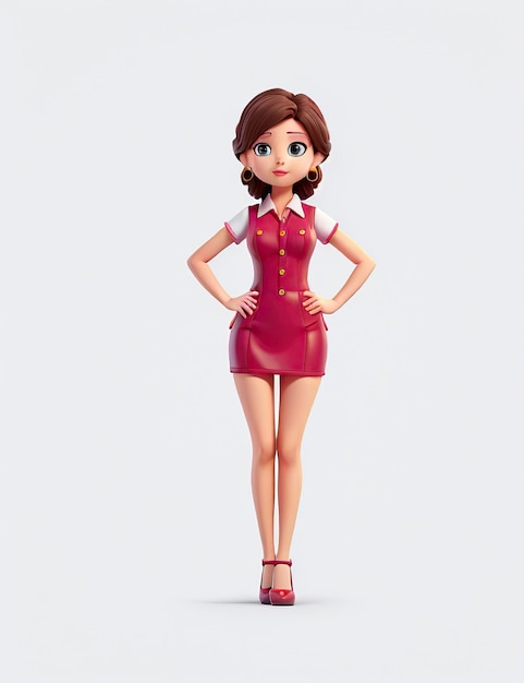 짧은 빨간 드레스를 입고 이에 손을 고 갈색 머리카락을 가진 여성의 3d 애니메이션