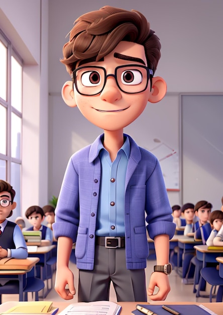 3D animation young boy in school uniform generate by AI