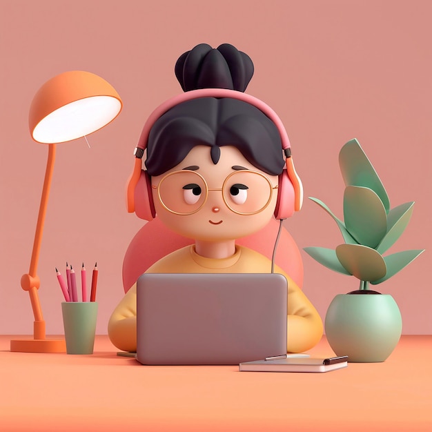 3D Animation Young Girl Studying Online