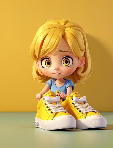 3d animation young girl with blue blouse blond hair and yellow big eyes looking at yellow sneakers