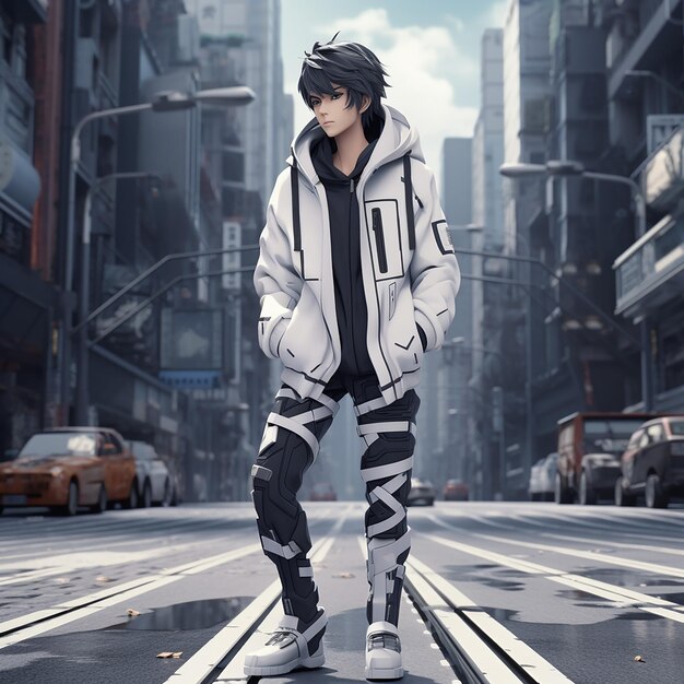 3D-аниме мальчик в белой куртке стоит на улице