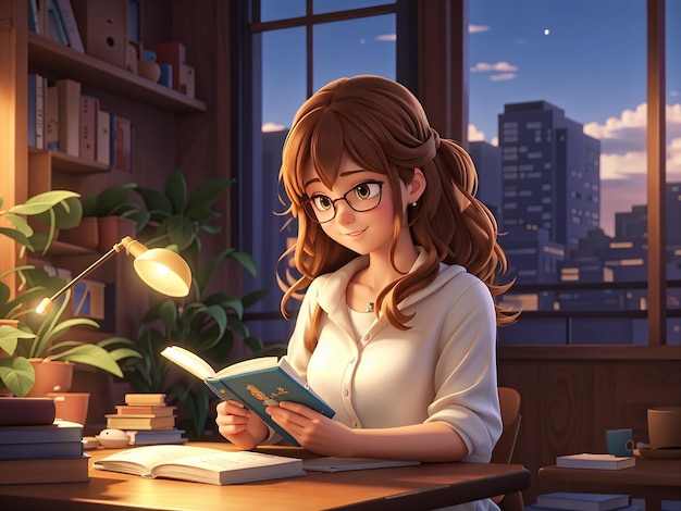 a 3d anime girl reading a book in a library with books in the background