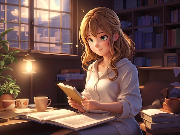 3Dアニメの女の子が図書館で本を読んでいて背景に本がある