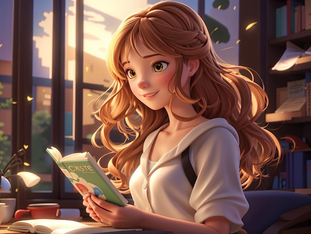 a 3d anime girl reading a book in a library with books in the background