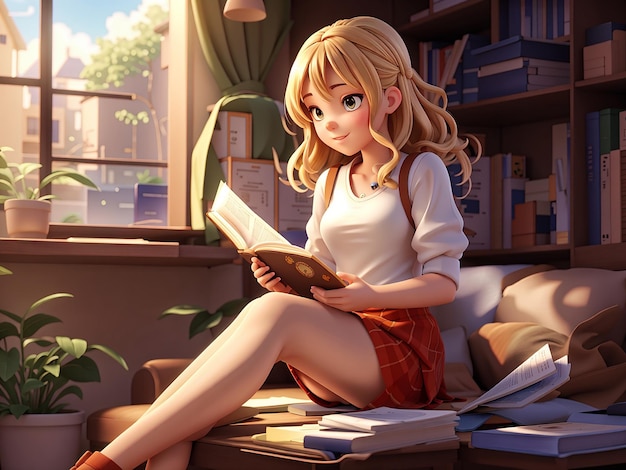 a 3d anime girl reading a book in a library with books in the background