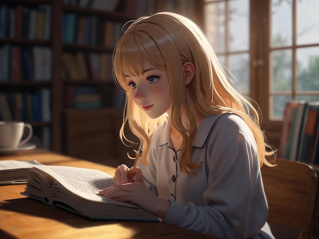 a 3d anime girl reading a book in a library with books in the background