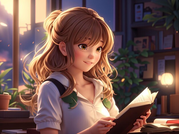 a 3d anime girl reading a book in a library with books in the background