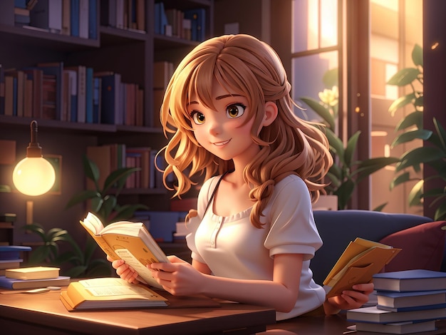 3D-аниме девушка читает книгу в библиотеке с книгами на заднем плане