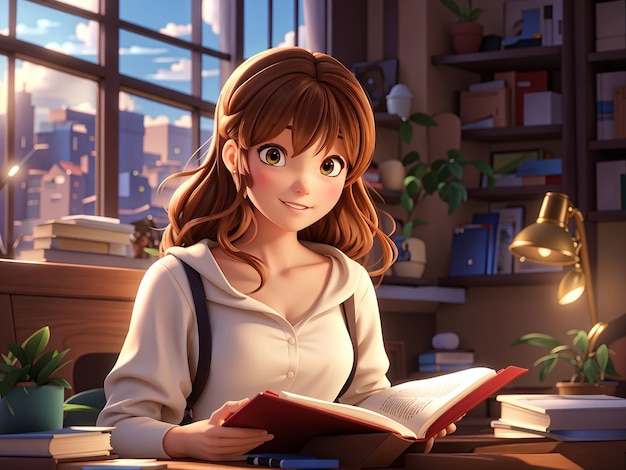 a 3d anime girl reading a book in a library with books in the background