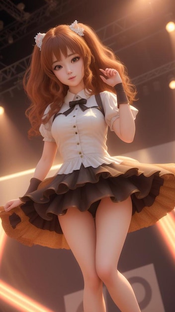 3D anime girl on stage brown hair white dress