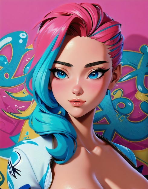 3D иллюстрация в стиле аниме молодой женщины с волосами, окрашенными в розовые и голубые тона
