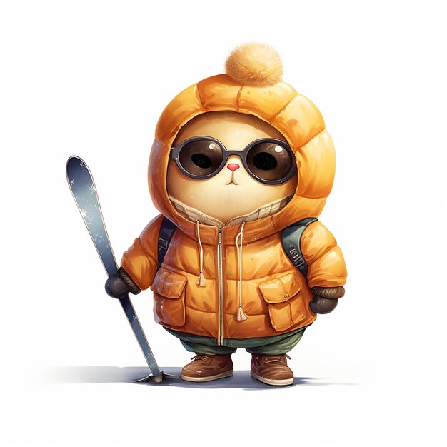 3D Anthropomorphic a small potato wearing a thick bright down jacket skiing in the cold winter