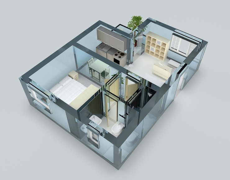Фотография 3d-рендеринг квартиры с голубым стеклом и мебелью