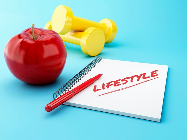 3D Apple with a notepad and dumbbell.