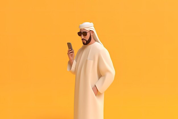 Photo 3d arab man comunicating on smart phone generative ai