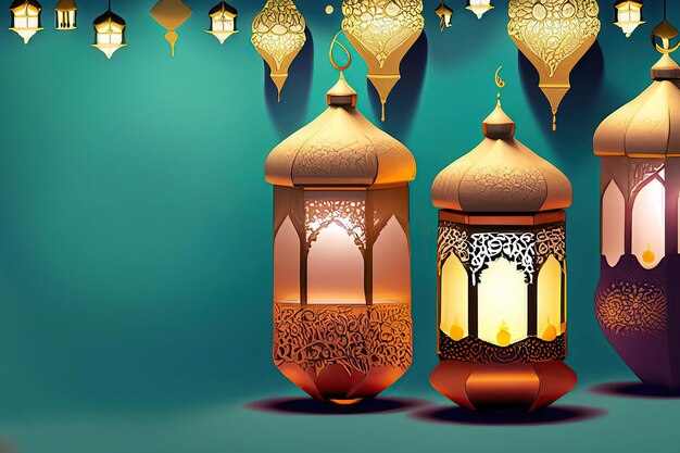 3d of Arabian lantern and crescent moon