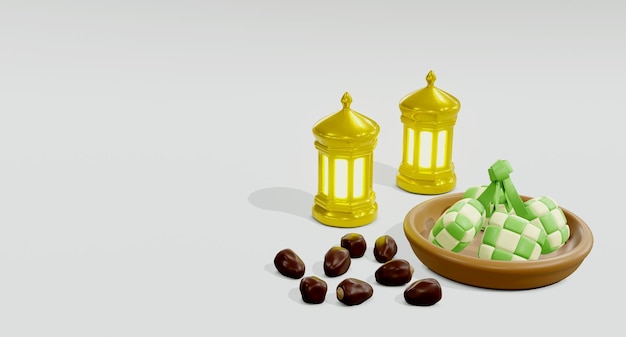 3D 아랍어 랜턴과 날짜 및 흰색 배경의 그릇과 올바른 위치에 있는 Ketupat