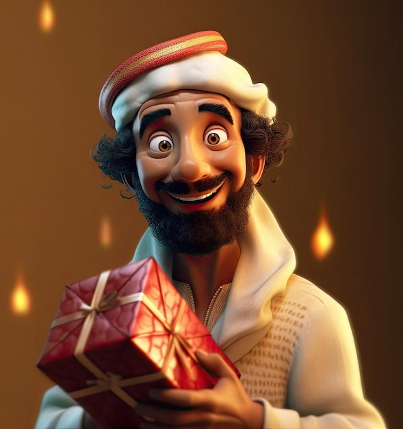 3D arabic man holding a gift box in arab cloths AI Generated