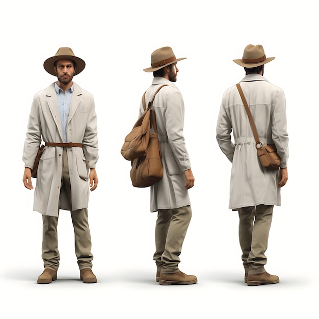 3D of Archaeologist Field Attire or Lab Coat Showcasing the Character Turnaround On White BG