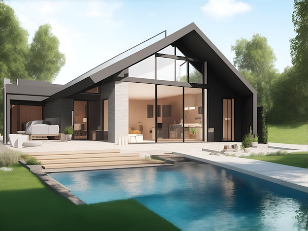 3D architectural project of a small house with a swimming pool with hydromassage AI generated