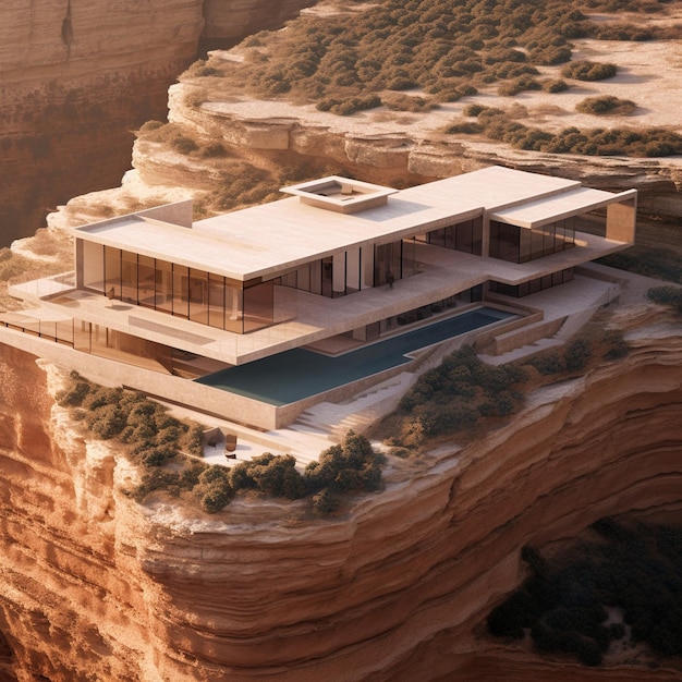 3D архитектурный рендеринг дизайна дома в вилле на скале