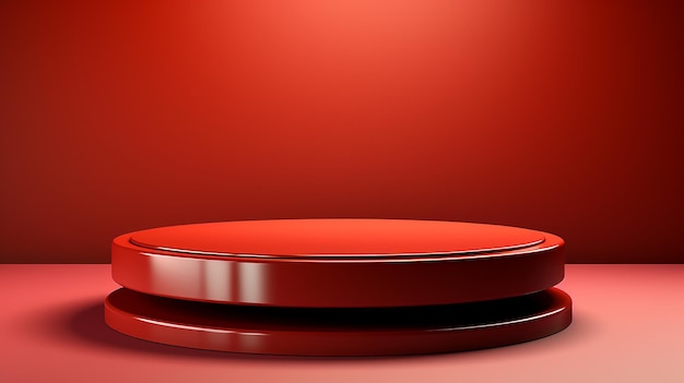 Foto tavolo con piedistallo o supporto da podio 3d architecture in interni dal design rosso per prodotti da esposizione