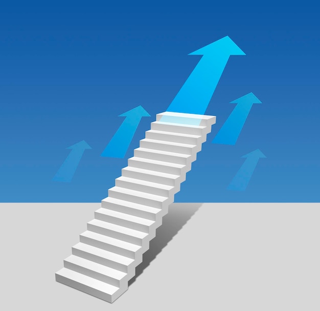 3D arrow climbing up over a staircase