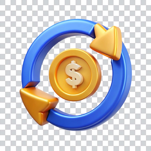 3d 矢印: 円形の金貨が青い背景に浮かんでいる