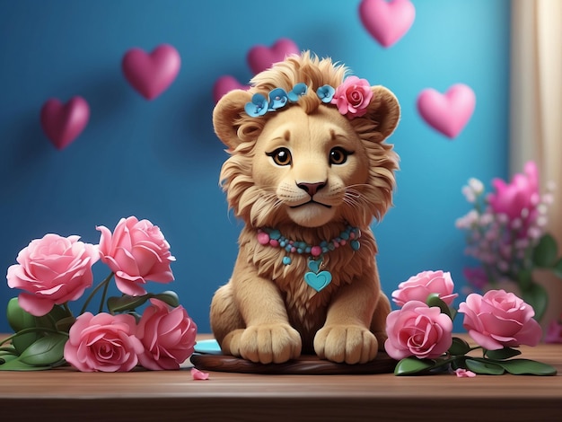 3D art illustration lion cub sitting on a table with flowers