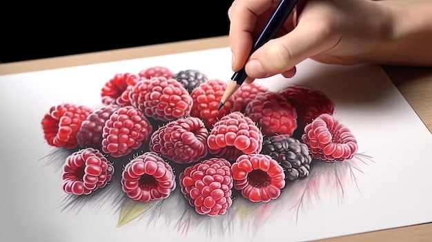 3D Art Presenting Image of Hand Drawing Realistic Raspberry with Pencil Generative AI