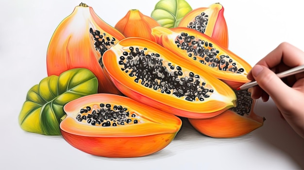 3D Art Presenting Image of Hand Drawing Realistic Whole Papaya and Half Cut Slice with Pencil Generative AI