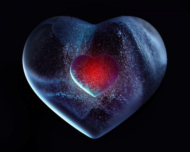 3d art with abstract glass ice heart with red core inside