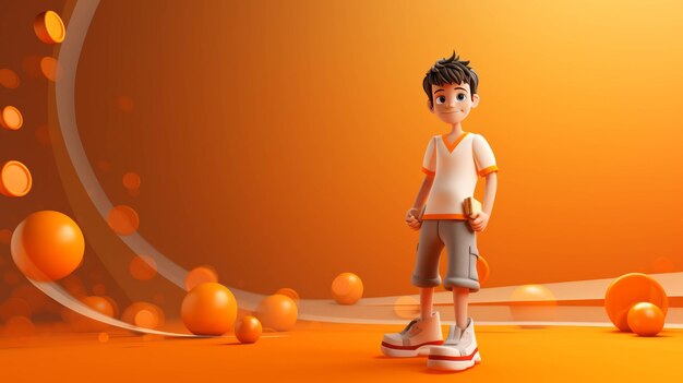 3d art of a young boy with flat background in orange wallpaper
