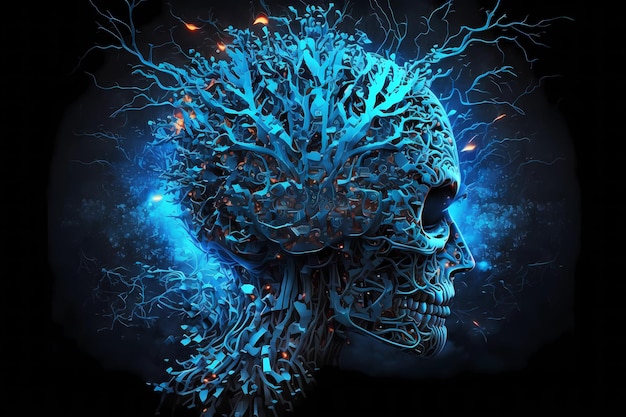 3d artificial intelligence brain on blue background