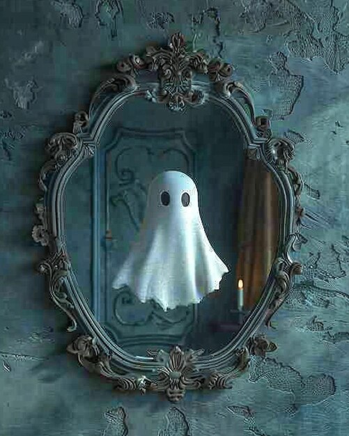 Foto un rendering artistico 3d di un fantasma giocoso che emerge da uno specchio antico