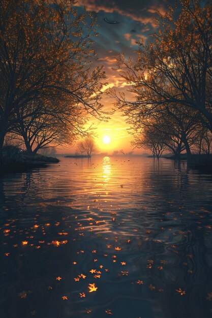 Photo a 3d artwork of a peaceful riverside scene at dawn