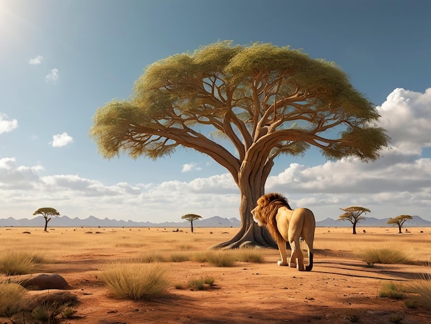 단 하나의 아카시아 나무와 사자가 있는 희박한 사바나 풍경의 3D 미술작품