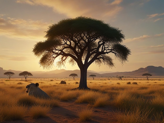 단 하나의 아카시아 나무와 사자가 있는 희박한 사바나 풍경의 3D 미술작품