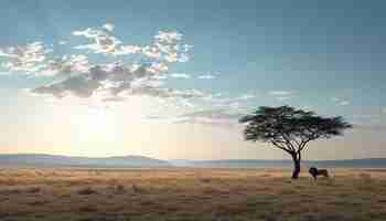 Photo a 3d artwork of a sparse savannah landscape with a single acacia tree and a silhouette of a lion