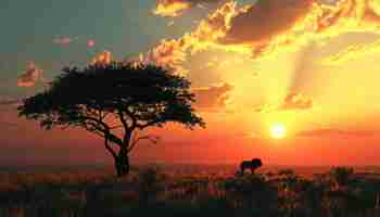 Photo a 3d artwork of a sparse savannah landscape with a single acacia tree and a silhouette of a lion