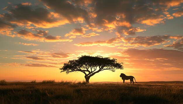 a 3D artwork of a sparse savannah landscape with a single acacia tree and a silhouette of a lion