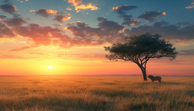 a 3D artwork of a sparse savannah landscape with a single acacia tree and a silhouette of a lion