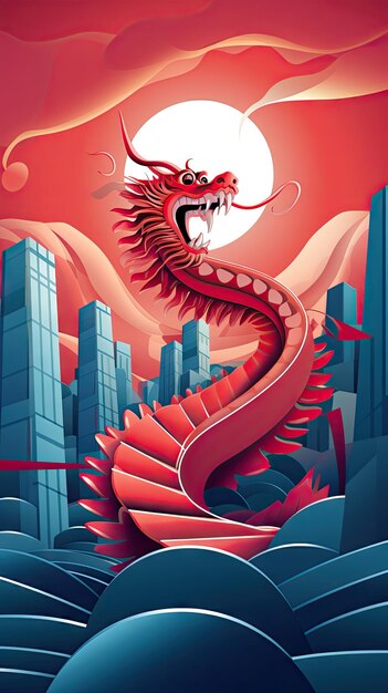 3d asian dragon flying around building