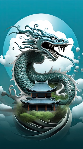 3d asian dragon flying around building