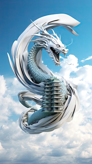 3D Asian dragon flying around building