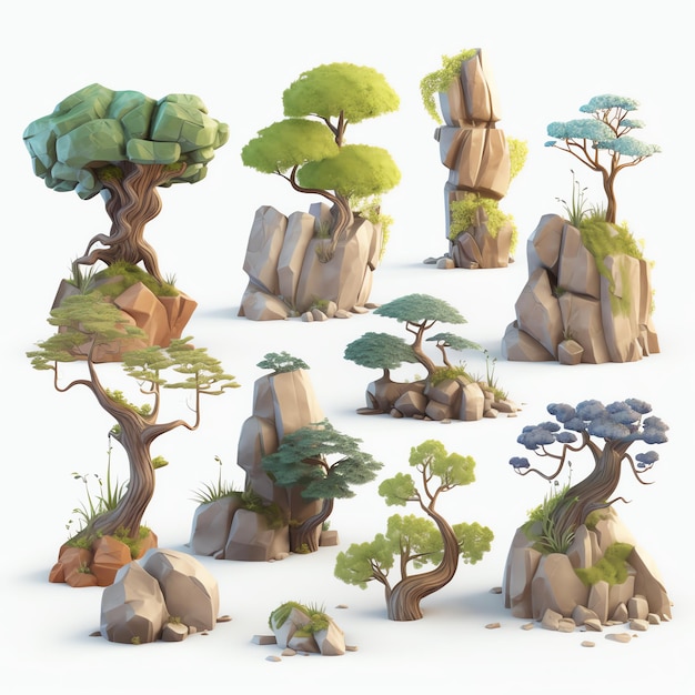 3d asset tree for game asset stone catoon style