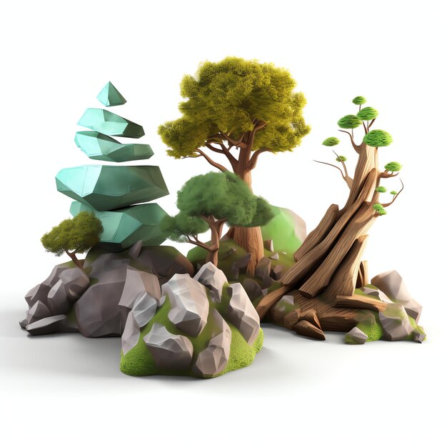 Photo 3d asset trees cartoon style for game asset