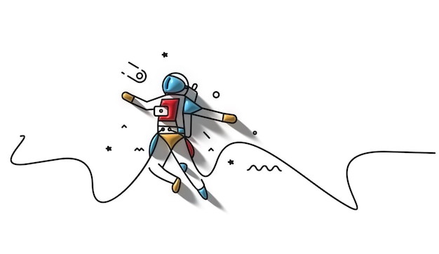 Photo 3d astronaut falling down - flat circle line art design illustration.