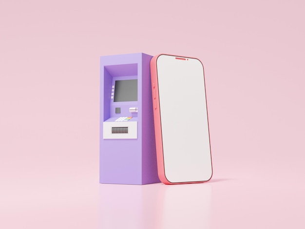 Photo 3d atm machine and smartphone exchange transfer transaction concept on pink background application internet banking cartoon minimal banner 3d render illustration